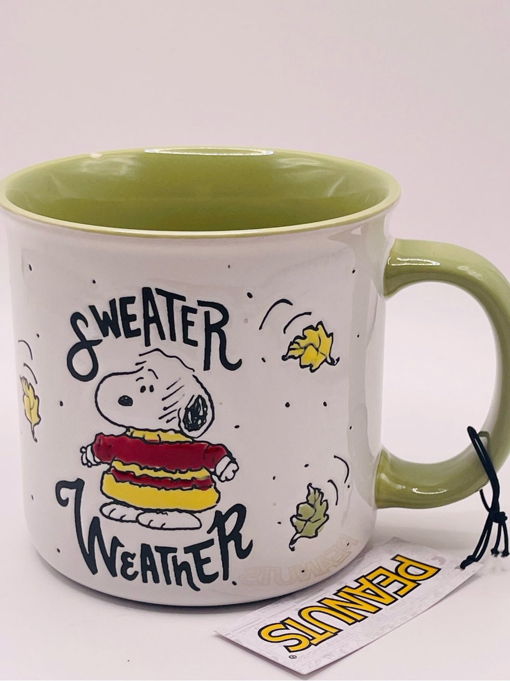 Peanuts Snoopy Sweater Weather Mug with Green Fall Autumn Leaves | 21 oz NWT